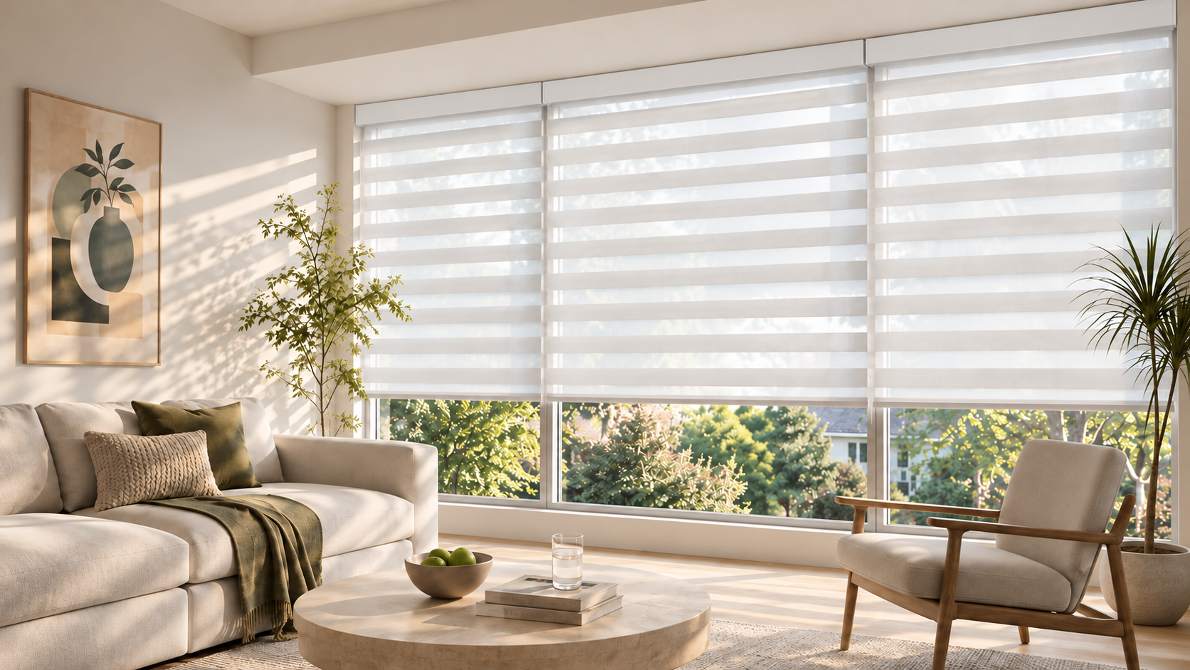 A light-filled living room with custom zebra shades