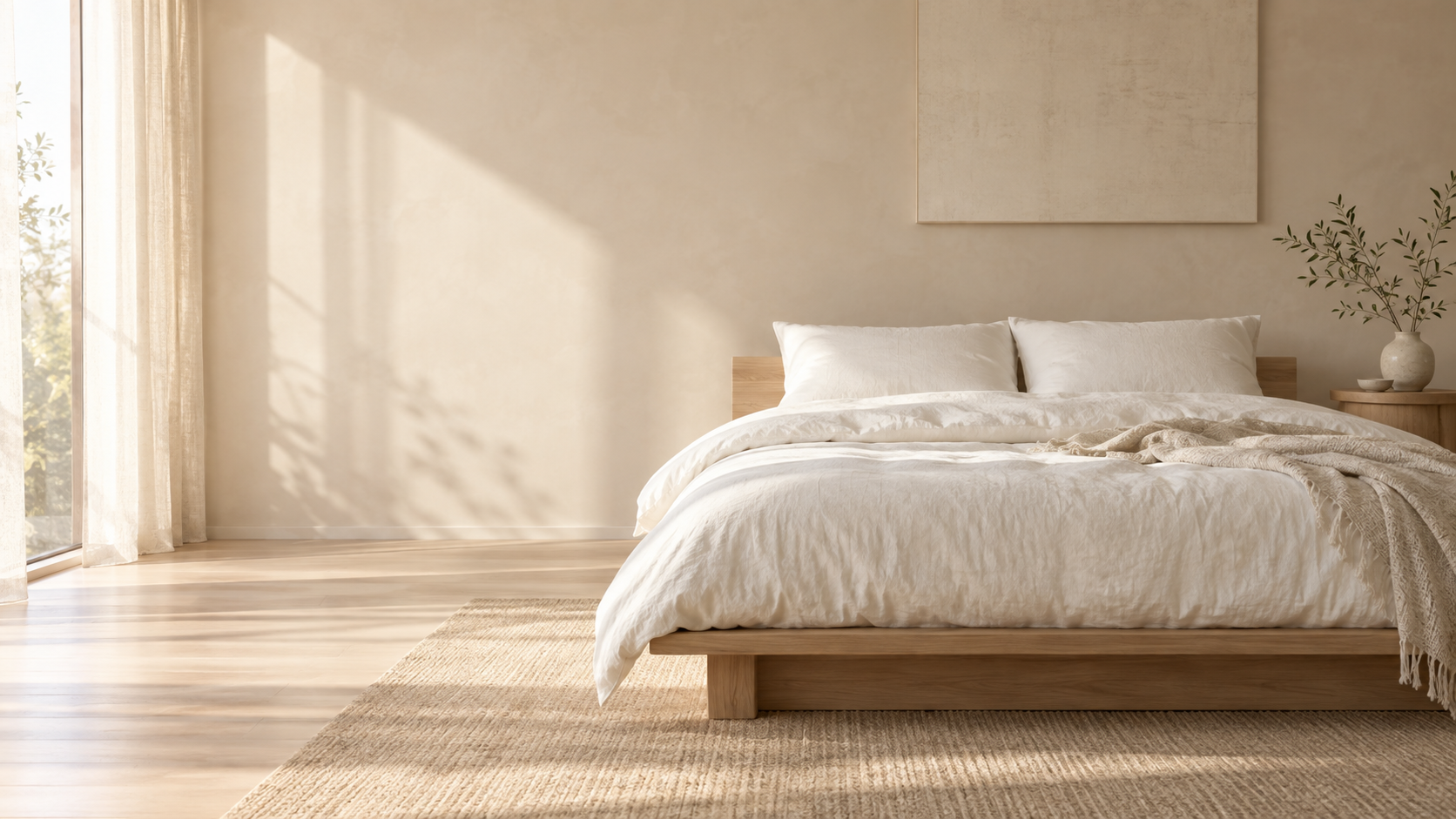 A warm, peaceful bedroom with soft white bedding